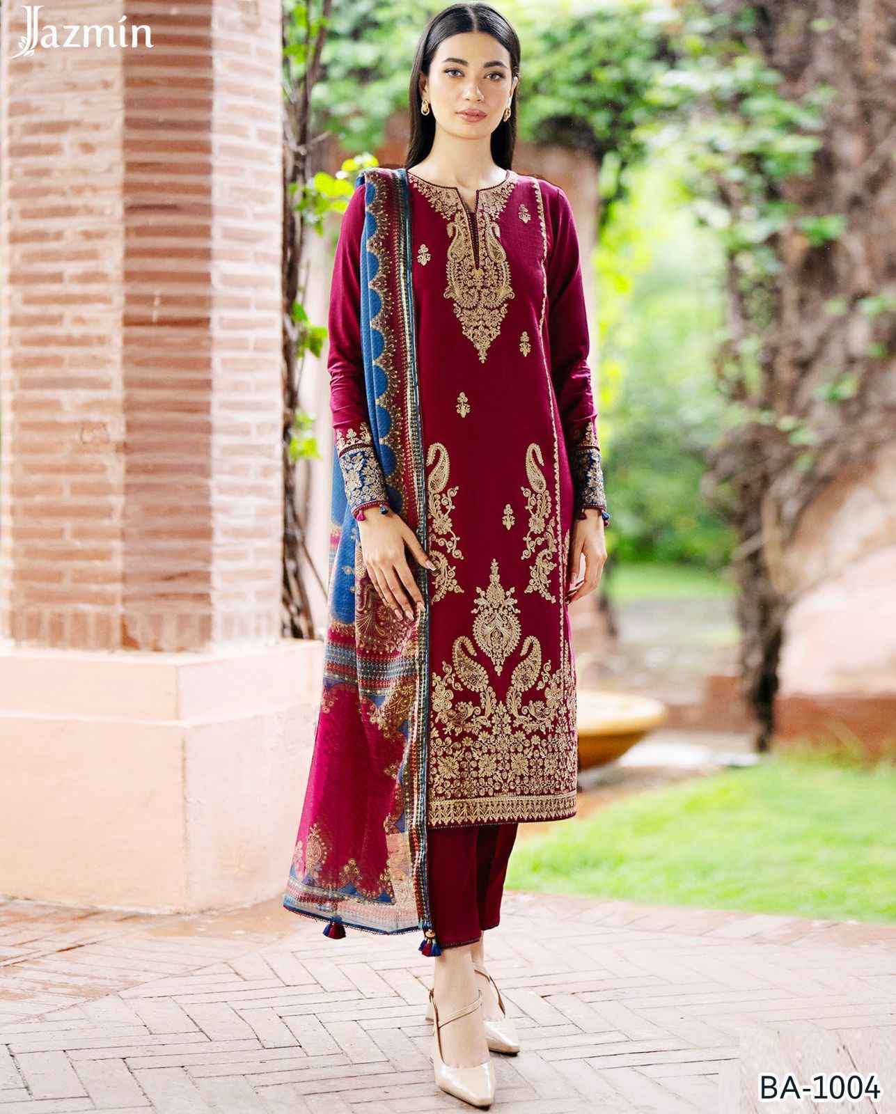 Jazmin 2PC Rose Red Embroidered Unstitched Suit