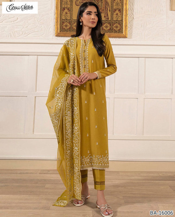 Cross Stitch 3PC Mustard Embroidered Unstitched Suit